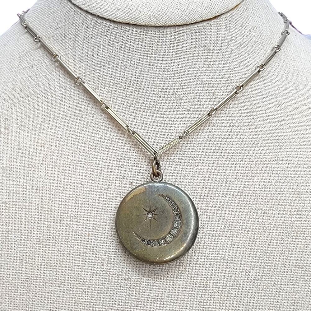 Antique Celestial Crescent Moon Star Locket Necklace Rhinestone Bar Chain